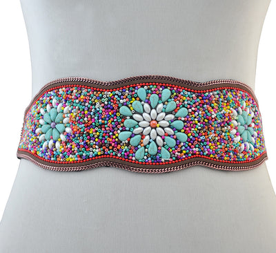 Cinturón Étnico Retro con Cuentas de Arroz Turquesa y Flores