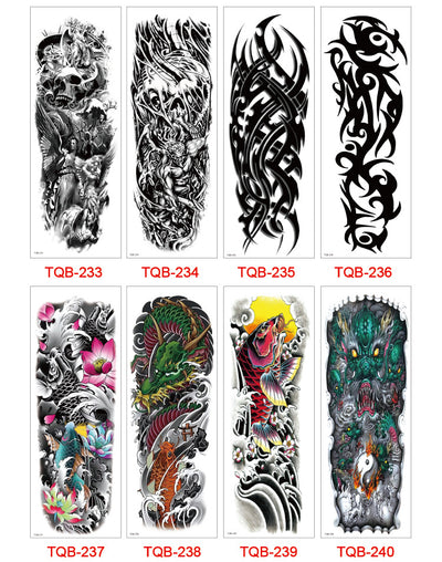 Full arm temporary tattoo sticker with a black, red, and light blue tribal design, featuring abstract shapes and patterns. - Image 66