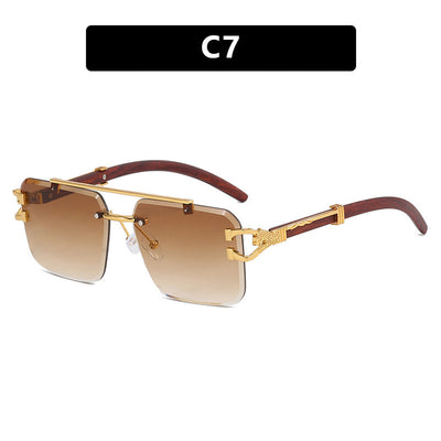 Pink gradient frameless square sunglasses with a double beam, gold-tone hardware, and dark wood-look temples. - Image 11