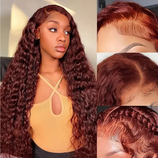 Peluca Frontal de Encaje HD Cabello Humano Onda Agua Marrón Rojizo