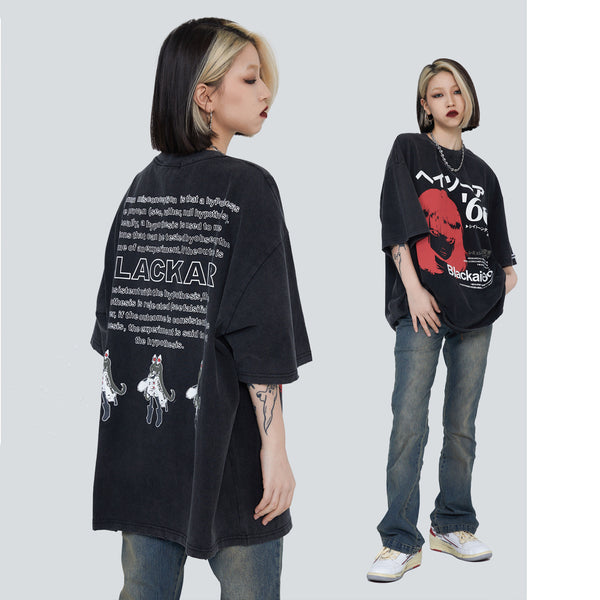 Camiseta Retro Japonesa Estilo Urbano Estampado Desgastado para Hombre