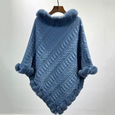 Poncho Tipo Capa de Punto Grueso con Cuello de Pelaje - Image 9
