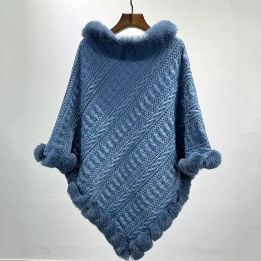 Poncho Tipo Capa de Punto Grueso con Cuello de Pelaje - Image 9