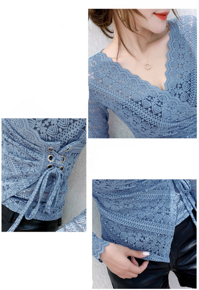 Blusa de Encaje Manga Larga Escote V Sexy para Mujer - Image 14