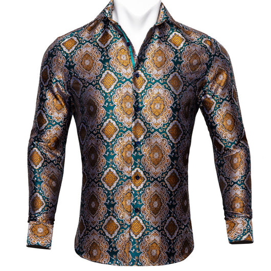 Camisa de Seda Estampado Paisley Azul Verdoso - Diseño Floral Sofisticado para Hombre - Image 39