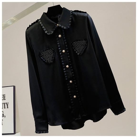 Blusa de Satén con Cuello Muñeca y Largo Irregular