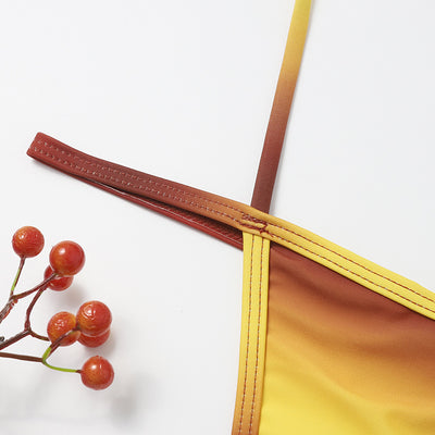 Brown and yellow ombre halter bikini with a split top and thong bottom, displayed on a white background. - Image 4
