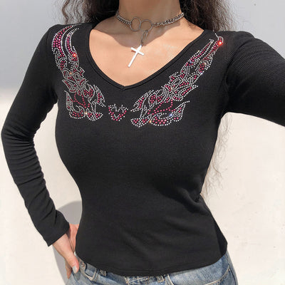 Blusa Ajustada Estampada con Pedrería Hot-Stamping Cuello en V Manga Larga para Mujer