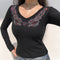 Blusa Ajustada Estampada con Pedrería Hot-Stamping Cuello en V Manga Larga para Mujer