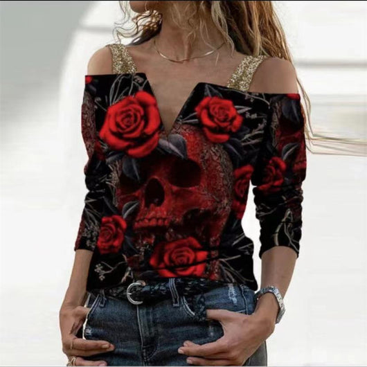 Blusa Suelta Estampada con Cuello V y Hombro Descubierto - Image 3
