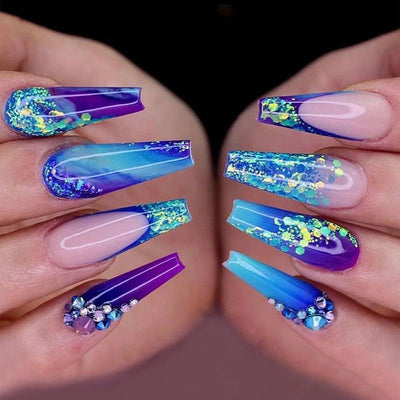 Adhesivos de Uñas Degradado Azul Púrpura - Estilo Francés Premium