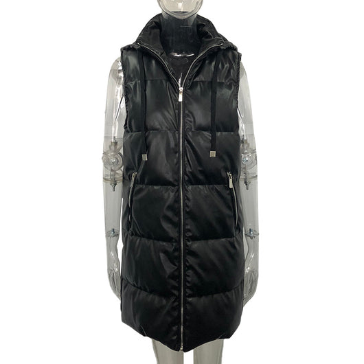 Chaleco Acolchado Negro con Capucha - Diseño Moderno en Cuero Sintético - Image 10