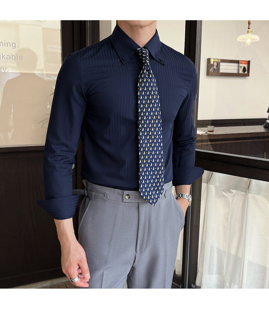 Camisa de Vestir Manga Larga a Rayas para Hombre con Cuello Italiano - Image 34