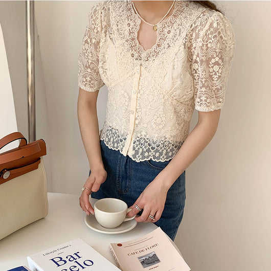 Blusa de Encaje Elegante con Temperamento Francés para Mujer