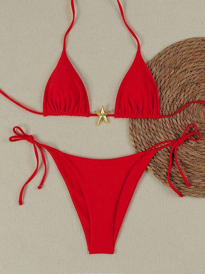 White women's bikini with triangle top and tie-side bottom, featuring a gold starfish charm on the center front. - Image 21