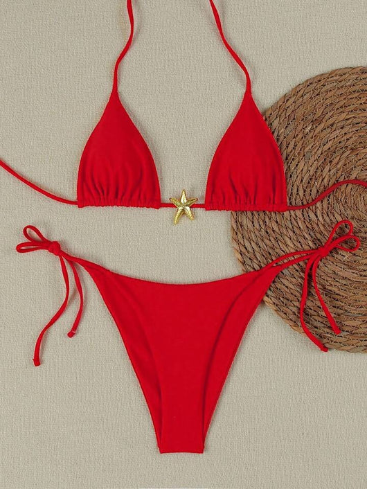 White women's bikini with triangle top and tie-side bottom, featuring a gold starfish charm on the center front. - Image 21