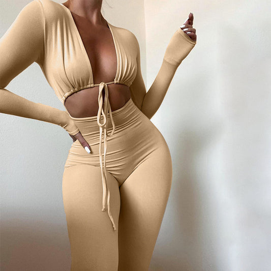 Jumpsuit Ajustado Negro con Encaje y Cordones - Manga Larga