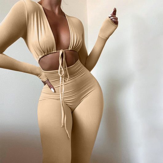 Jumpsuit Ajustado Negro con Encaje y Cordones - Manga Larga