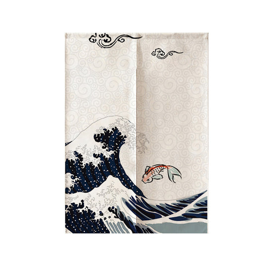Red fabric door curtain with white polka dots and a repeating pattern of a lucky cat holding a gold coin, surrounded by flowers. - Image 35