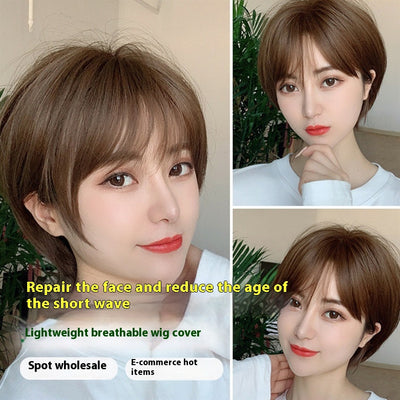 Peluca de Cabello Natural Corto Liso Esponjado para Mujer