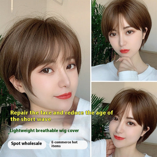 Peluca de Cabello Natural Corto Liso Esponjado para Mujer