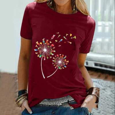 Camiseta Mujer Cuello Redondo Manga Corta Estampado Diente de León Vino - Image 15