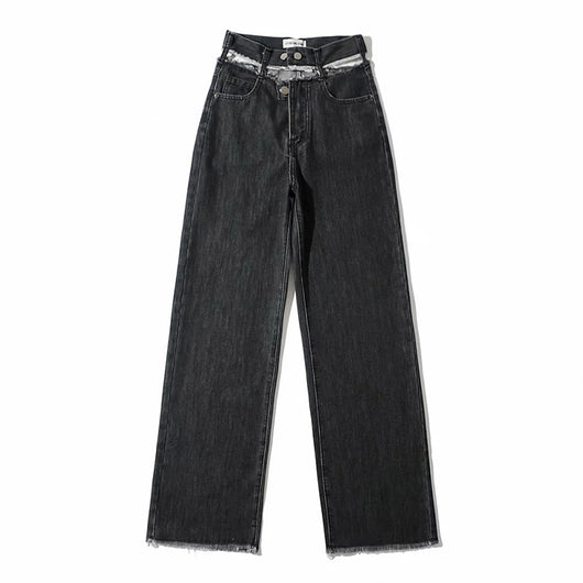 Pantalón Denim Recto con Borde Crudo y Drapeado Hueco - Image 3