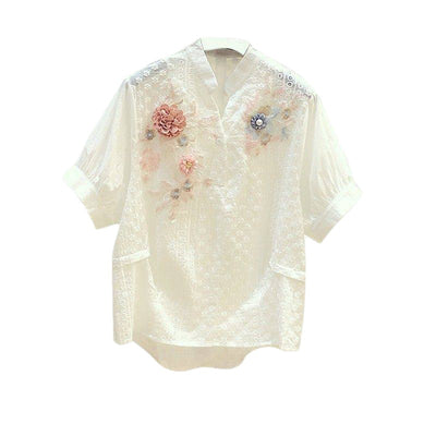 Blusa de Algodón con Cuello Bordado Floral Retro para Mujer - Image 2