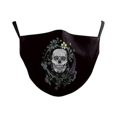 Dark green dust mask with a pattern of white skulls, blue flowers, and pink butterflies, featuring black ear loops. - Image 24