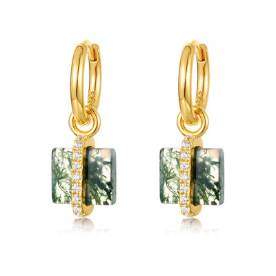 Aretes de Plata S925 con Ágata Musgo Natural - Diseño Cuadrado Minimalista - Image 4