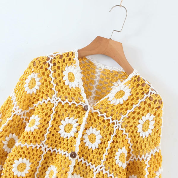 Cardigan Tejido a Mano con Girasoles de Crochet para Mujer