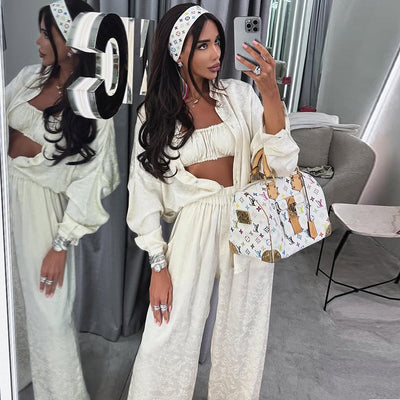Conjunto de 3 Piezas: Camisa Manga Larga con Solapa, Top Tubo y Pantalón Ancho - Image 4