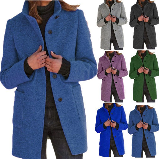 Abrigo de Lana con Cuello de Pie y Bolsillos - Casual para Otoño Invierno