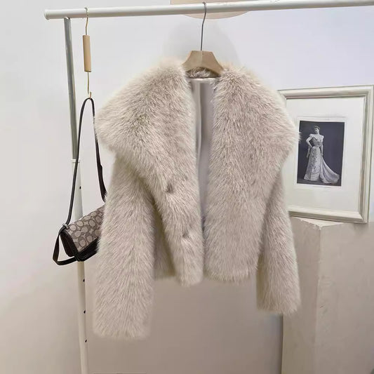 Abrigo de Piel Sintética con Cuello Grande Abrigador para Mujer