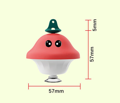 Red and white mushroom-shaped cat toy with cartoon eyes, a green loop, and a suction cup base, showing dimensions. - Image 14