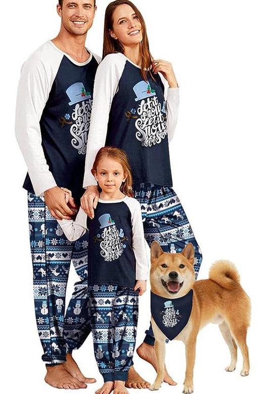Matching family pajamas with navy blue and white raglan tops featuring a 'Let it Snow' graphic and snowman hat. Bottoms have a festive pattern of snowflakes, sn - Image 11