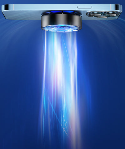White magnetic phone cooler with blue and pink RGB lights, attached to a silver smartphone, against an icy blue background. - Image 10