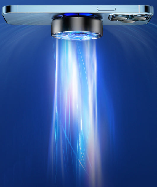 White magnetic phone cooler with blue and pink RGB lights, attached to a silver smartphone, against an icy blue background. - Image 10