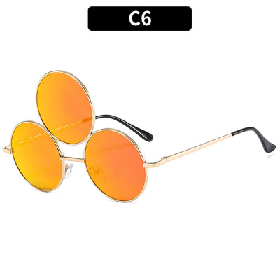 Red lens round sunglasses with a gold metal frame and an extra small round lens above the left eye. - Image 7