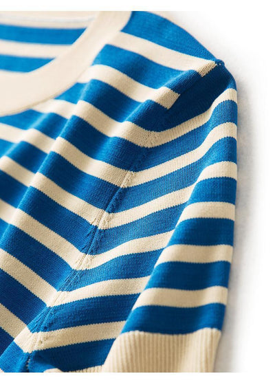 Blusa Holgada Ice Silk a Rayas con Cuello Redondo para Mujer - Image 19