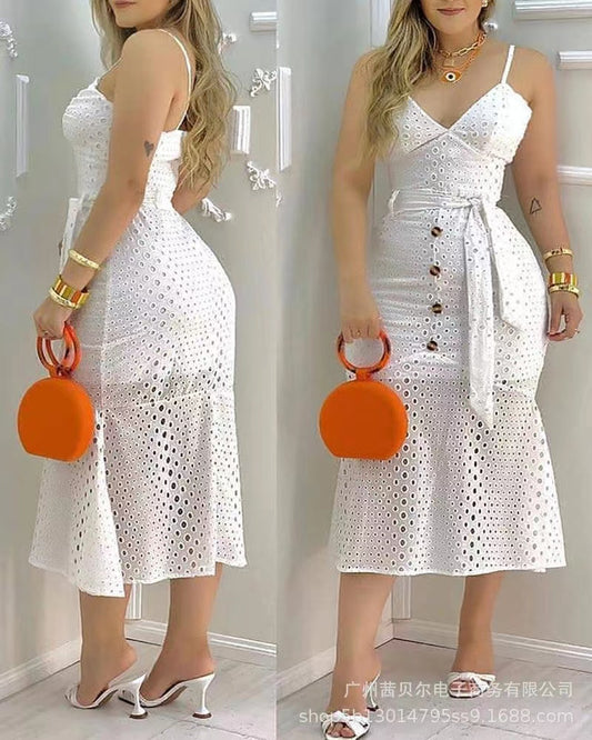 Vestido Slip Blanco con Cutout y Cinturón Forrado