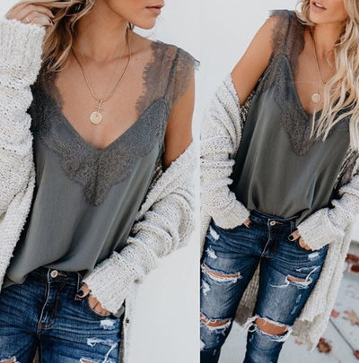 Blusa Suelta de Encaje sin Mangas para Mujer