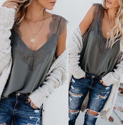 Blusa Suelta de Encaje sin Mangas para Mujer