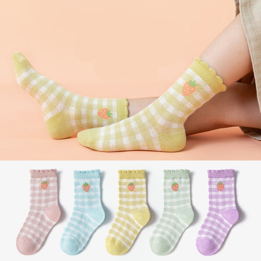 Calcetines Infantiles Cuadros Franceses Fresa con Diseño Cartoon
