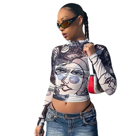 Blusa de Malla Semitransparente Cuello Redondo Manga Larga Ajustada - Image 5