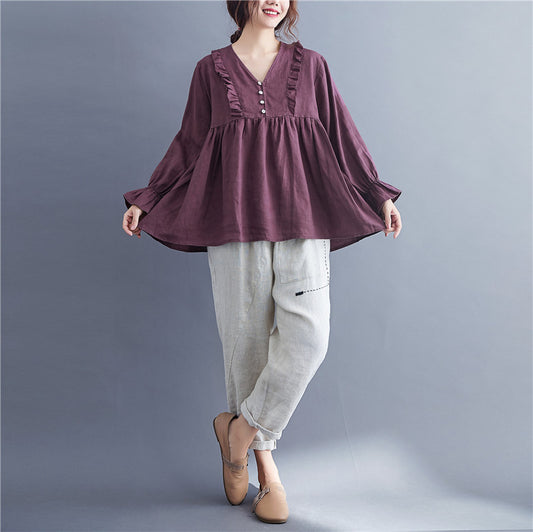 Blusa Suelta Manga Larga con Volantes Reductora para Mujer