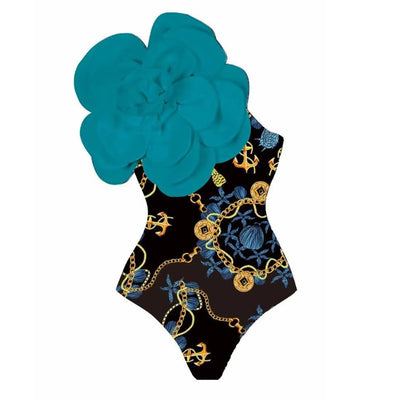 Women's one-piece swimsuit with a black, gold chain, and anchor pattern, featuring a large teal flower on one shoulder. - Image 9