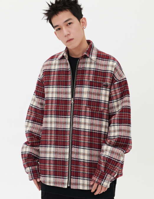 Chaqueta Camisa Cuadros Rojo Retro para Hombre - Casual Primavera con Cierre