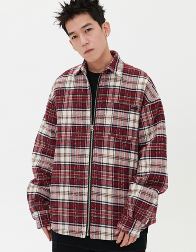 Chaqueta Camisa Cuadros Rojo Retro para Hombre - Casual Primavera con Cierre