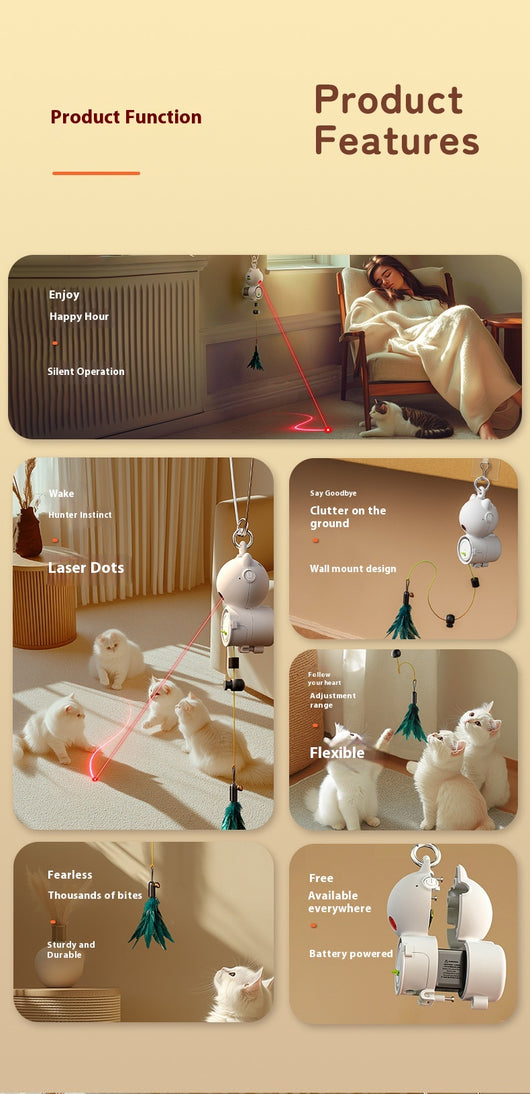 White retractable cat toy with a teal feather attachment hanging from a silver hook, designed for pet play. - Image 6